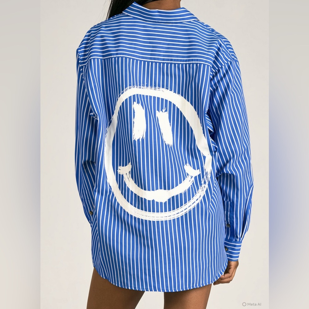 Elan Smiley Face Blue and White Striped Button Down Shirt